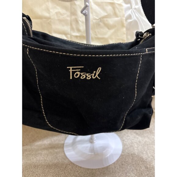 Fossil Black Canvas & Faux Leather Shoulder Bag With Adjustable Strap - Picture 15 of 16